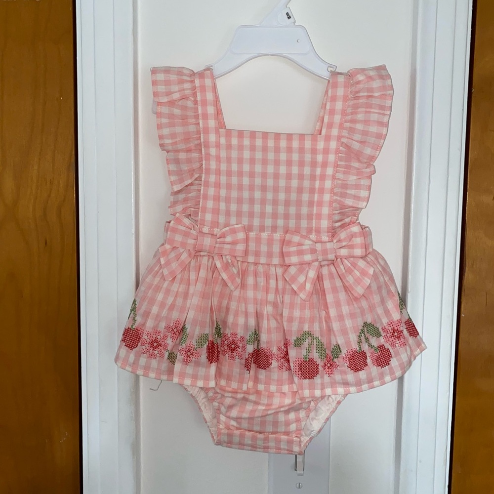 Pink Gingham Baby Romper with Cherry Design